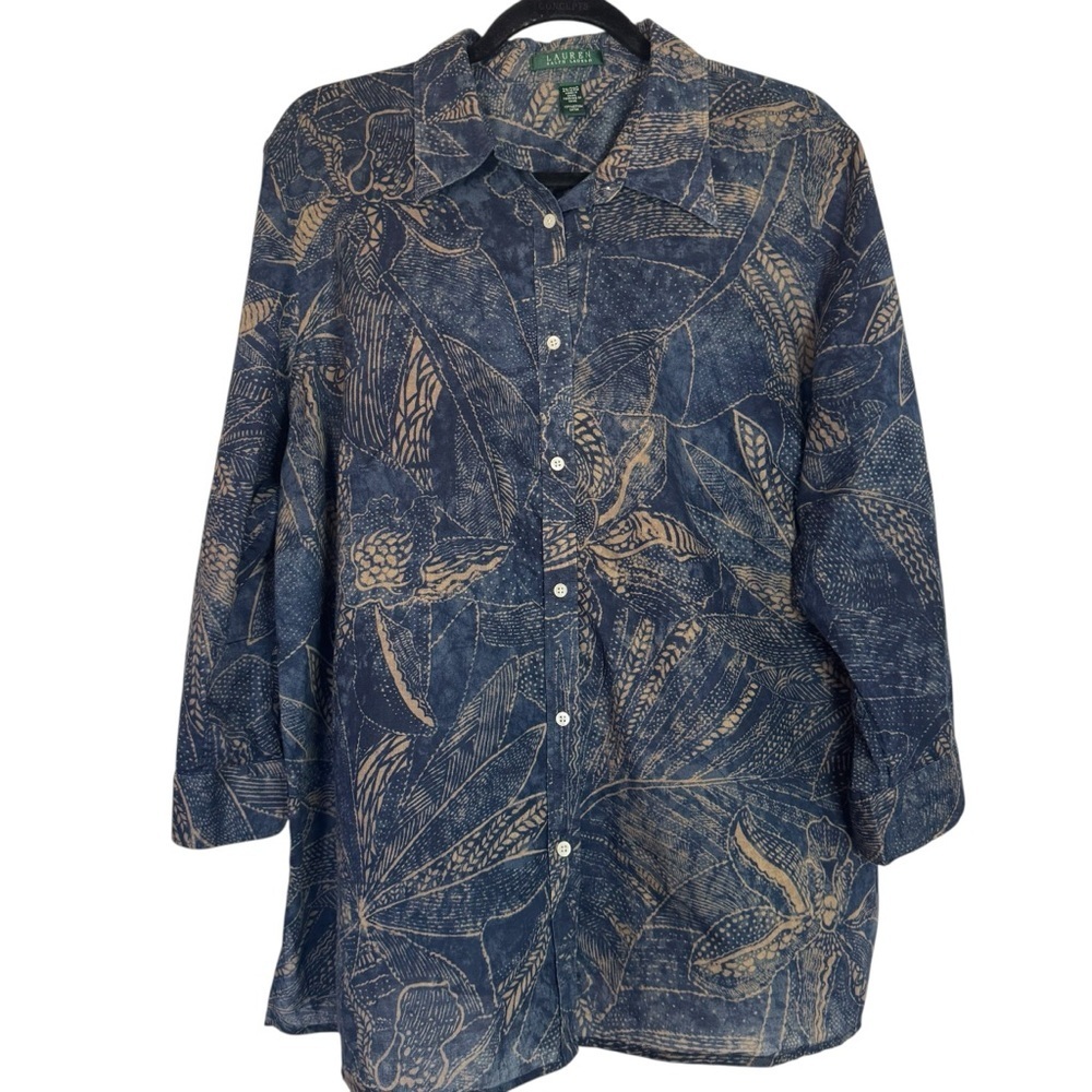 Ralph Lauren Blue and Tan Tropical Botanical Patterned 2X Button Down Shirt